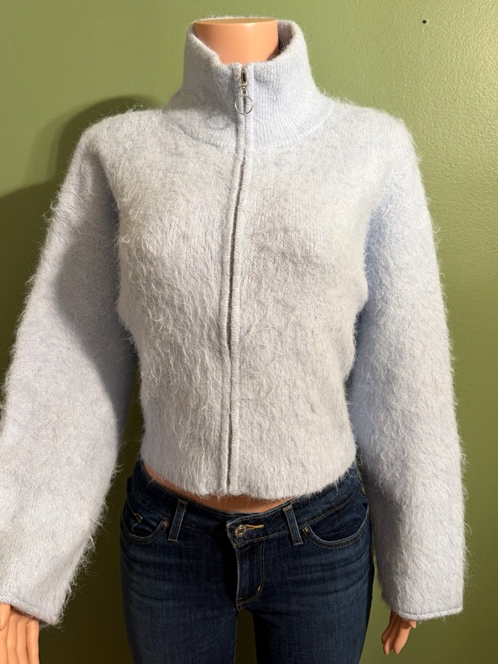 Women's Light Blue Fuzzy Zip-Up Jacket